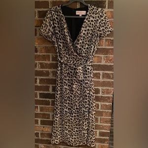 Leopard Print V-neck Dress w/ belt. Split on front side. Gently Used.